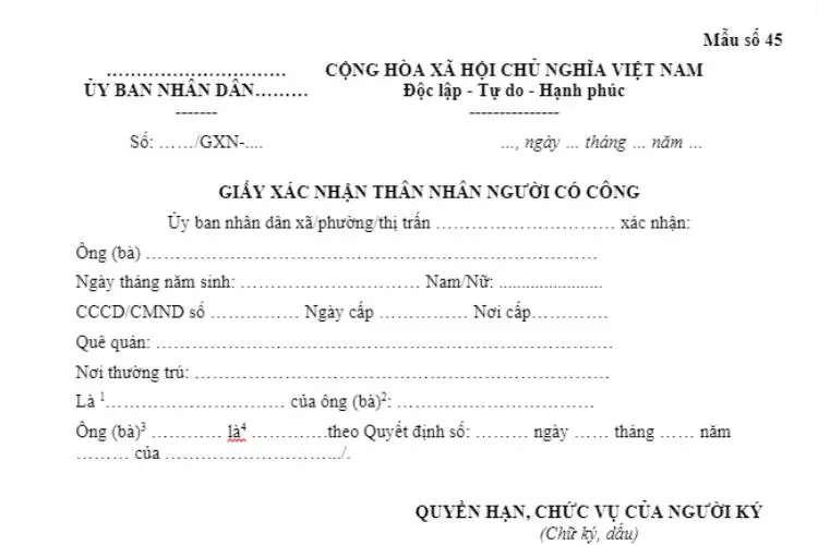 Mẫu Giấy xác nhận thân nhân người có công với cách mạng 2 Mẫu Giấy xác nhận thân nhân người có công với cách mạng
