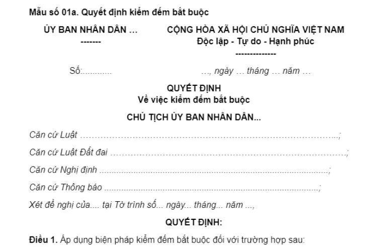 Mẫu Quyết định kiểm đếm bắt buộc (Mẫu số 01a)