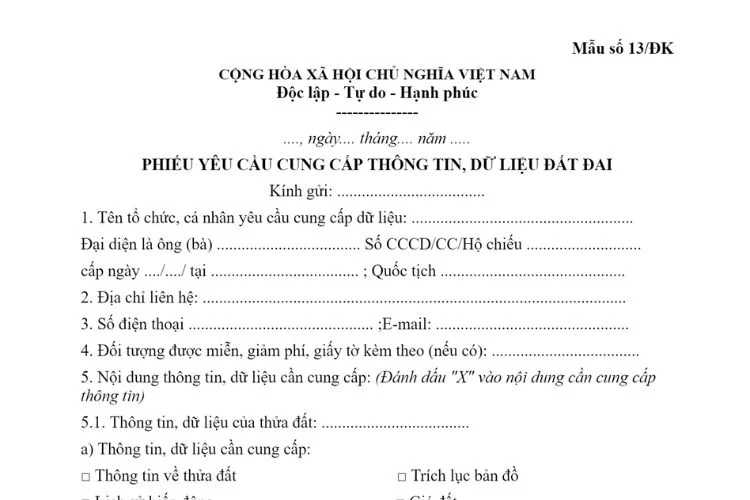 Phiếu yêu cầu cung cấp thông tin, dữ liệu đất đai (Mẫu số 13/ĐK)