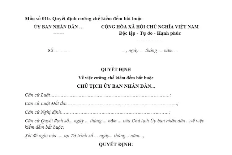 Quyết định cưỡng chế kiểm đếm bắt buộc (Mẫu số 01b) 2 Quyết định cưỡng chế kiểm đếm bắt buộc (Mẫu số 01b)
