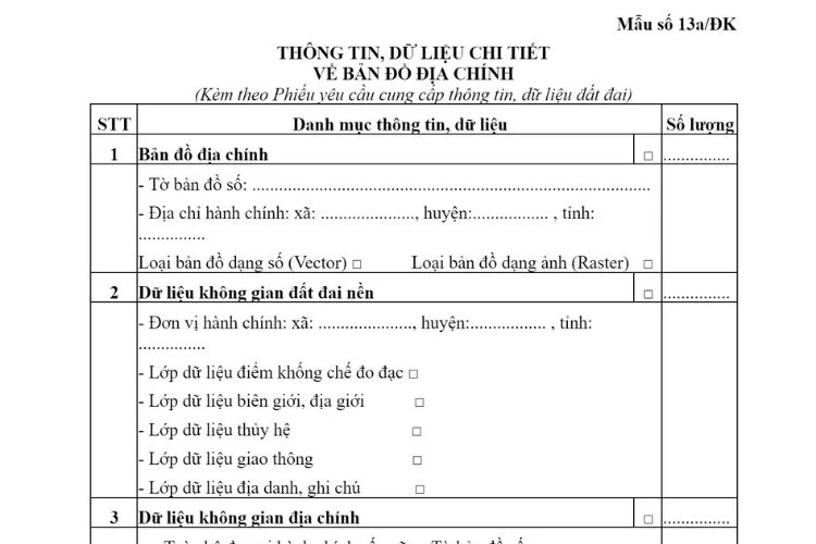 Thông tin, dữ liệu chi tiết về bản đồ địa chính (Mẫu số 13a/ĐK) 2 Thông tin, dữ liệu chi tiết về bản đồ địa chính (Mẫu số 13a/ĐK)