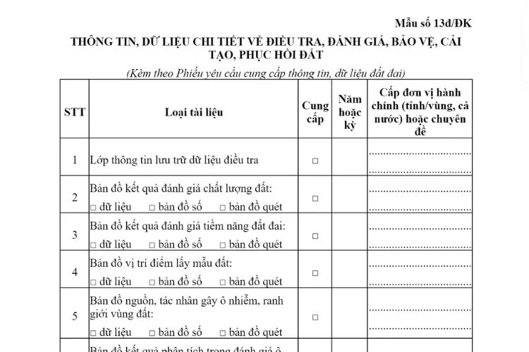 Thông tin, dữ liệu chi tiết về điều tra, đánh giá, bảo vệ, cải tạo, phục hồi đất (Mẫu số 13đ/ĐK) 2 Thông tin, dữ liệu chi tiết về điều tra, đánh giá, bảo vệ, cải tạo, phục hồi đất (Mẫu số 13đ/ĐK)