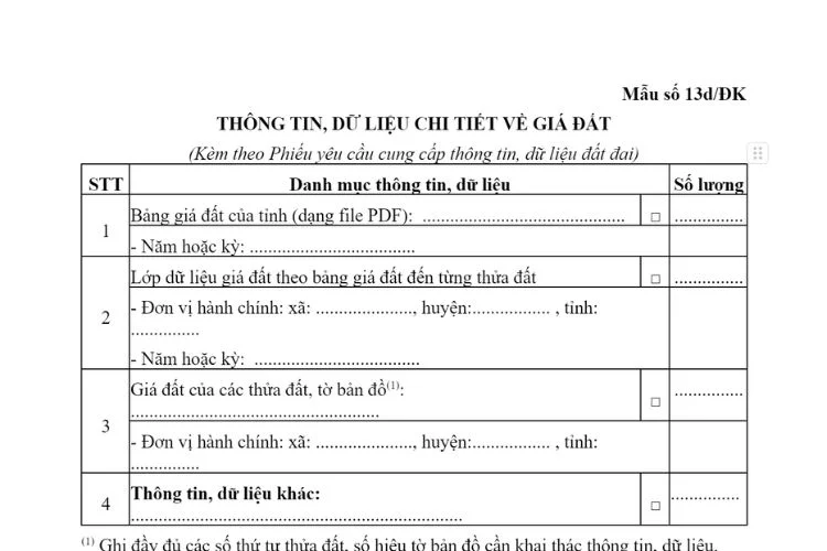 Thông tin, dữ liệu chi tiết về giá đất (Mẫu số 13d/ĐK)