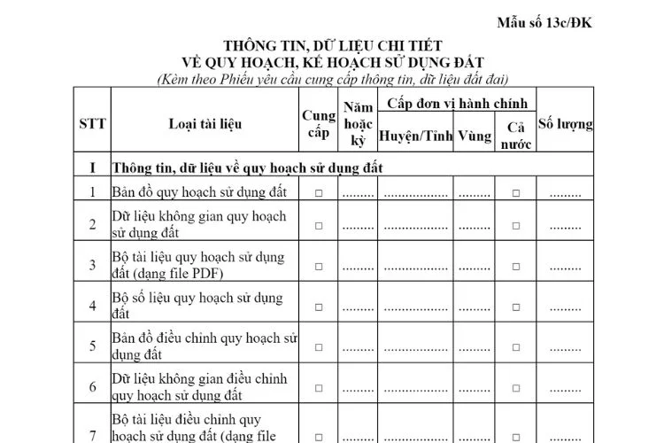 Thông tin, dữ liệu chi tiết về quy hoạch, kế hoạch sử dụng đất (Mẫu số 13c/ĐK) 2 Thông tin, dữ liệu chi tiết về quy hoạch, kế hoạch sử dụng đất (Mẫu số 13c/ĐK)