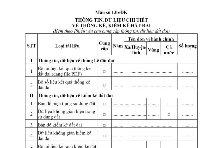 Thông tin, dữ liệu chi tiết về thống kê, kiểm kê đất đai (Mẫu số 13b/ĐK)