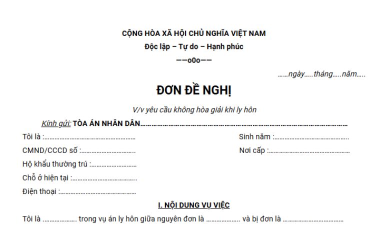 Mẫu đơn đề nghị không tiến hành hòa giải khi ly hôn 2 Mẫu đơn đề nghị không tiến hành hòa giải khi ly hôn