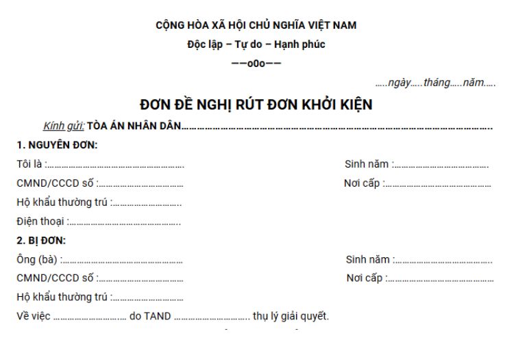 Mẫu Đơn đề nghị rút đơn khởi kiện mới nhất 2 Mẫu đơn đề nghị rút đơn khởi kiện mới nhất