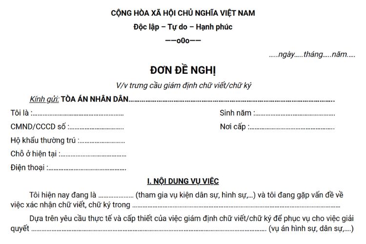 Mẫu đơn đề nghị trưng cầu giám định chữ viết, chữ ký