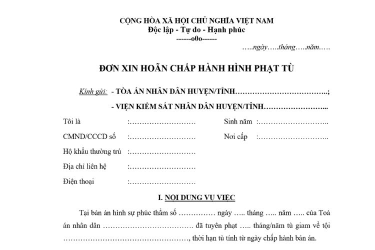 Mẫu đơn xin hoãn chấp hành hình phạt tù mới nhất