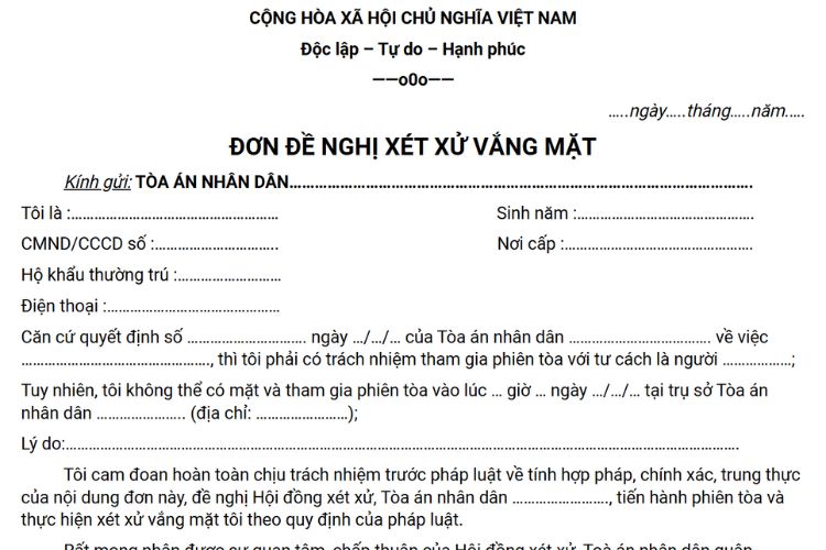 Mẫu đơn xin xét xử vắng mặt mới nhất 2 Mẫu đơn xin xét xử vắng mặt mới nhất