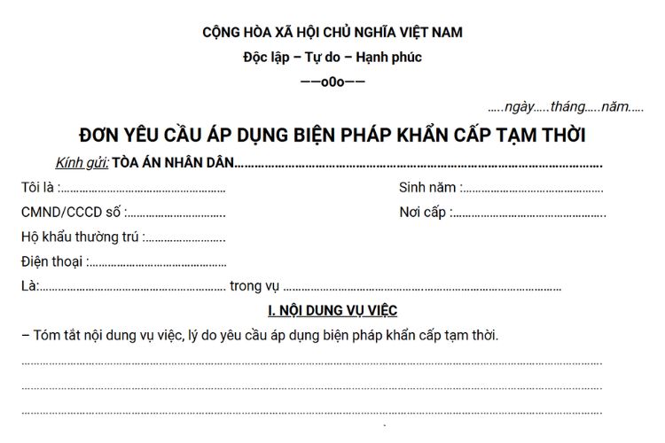 Mẫu đơn yêu cầu áp dụng biện pháp khẩn cấp tạm thời mới nhất 2 Mẫu đơn yêu cầu áp dụng biện pháp khẩn cấp tạm thời mới nhất