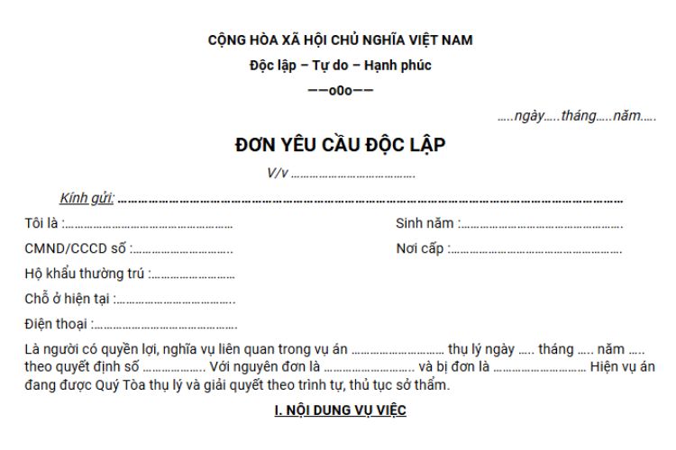 Mẫu đơn yêu cầu độc lập mới nhất theo quy định 2 Mẫu đơn yêu cầu độc lập mới nhất theo quy định
