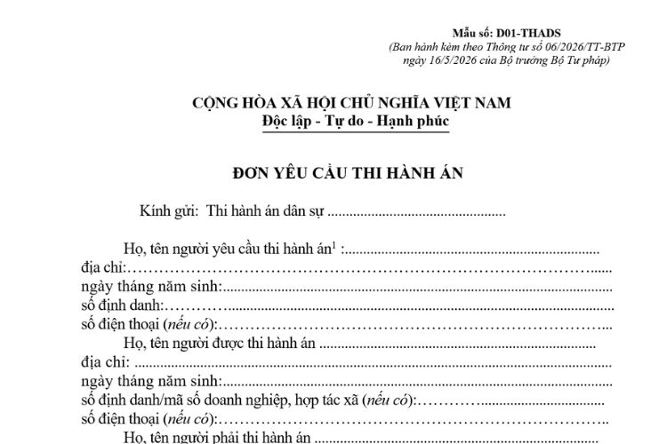 Mẫu đơn yêu cầu thi hành án dân sự mới nhất 2026