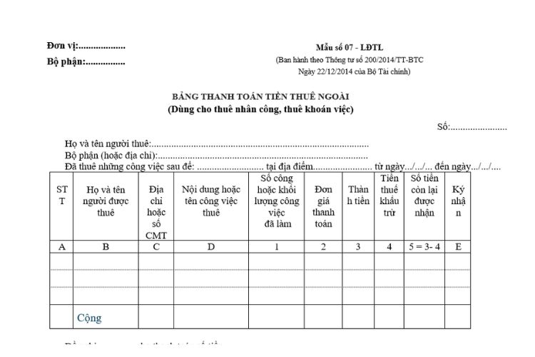 Mẫu 07-LĐTL | Bảng thanh toán tiền thuê ngoài theo Thông tư 200 2 Mẫu 07-LĐTL | Bảng thanh toán tiền thuê ngoài