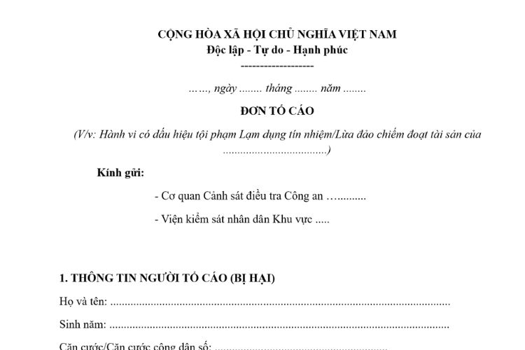 Mẫu Đơn tố cáo lừa đảo mới nhất 2026 (chuẩn quy định) 2 Mẫu Đơn tố cáo lừa đảo mới nhất 2026 (chuẩn quy định)