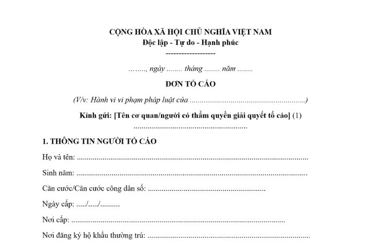 Mẫu Đơn tố cáo mới nhất 2026 (chuẩn quy định)