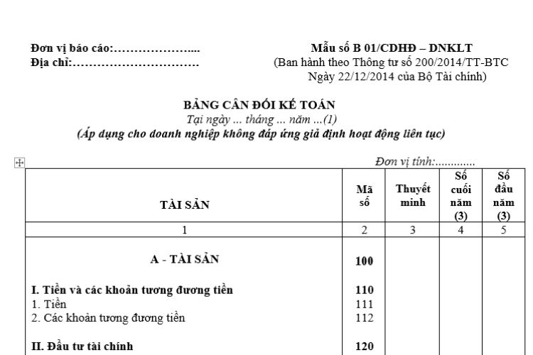 Mẫu số B 01/CDHĐ – DNKLT | Bảng cân đối kế toán 2 Mẫu số B 01/CDHĐ – DNKLT | Bảng cân đối kế toán