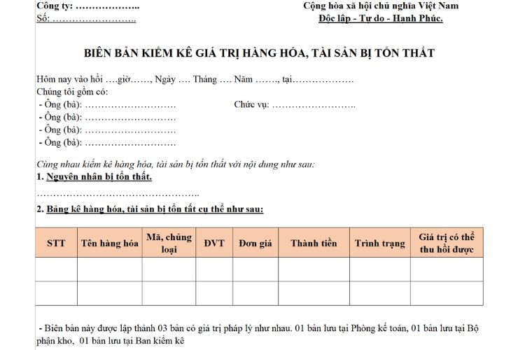 Mẫu Biên bản kiểm kê hàng hóa tài sản bị tổn thất 2 Mẫu Biên bản kiểm kê hàng hóa tài sản bị tổn thất