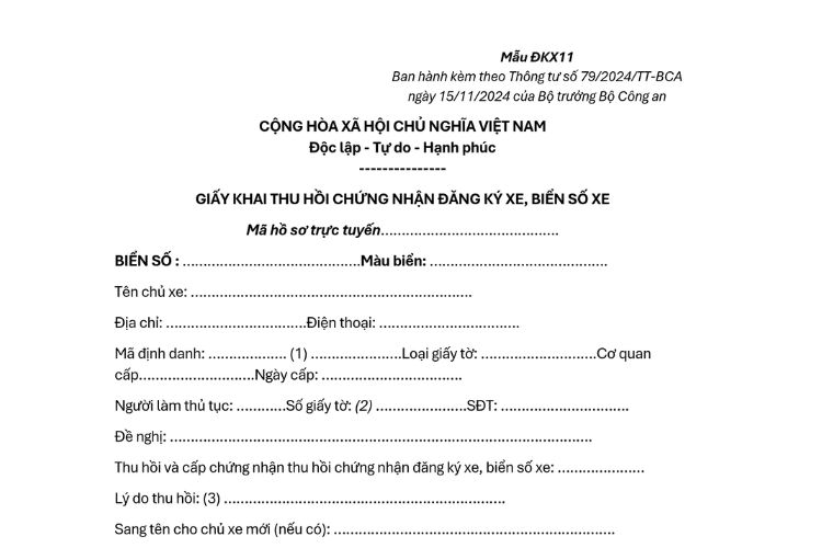 Mẫu Giấy khai thu hồi chứng nhận đăng ký xe, biển số xe (Mẫu ĐKX11)