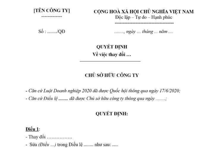 Mẫu Quyết định của chủ sở hữu công ty TNHH một thành viên