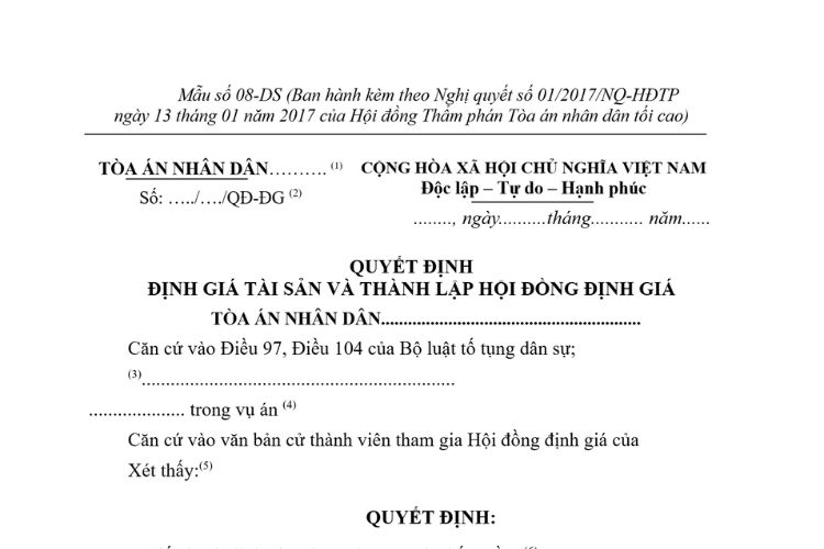 Mẫu Quyết định định giá tài sản và thành lập Hội đồng định giá (Mẫu số 08-DS) 2 Mẫu Quyết định định giá tài sản và thành lập Hội đồng định giá (Mẫu số 08-DS)