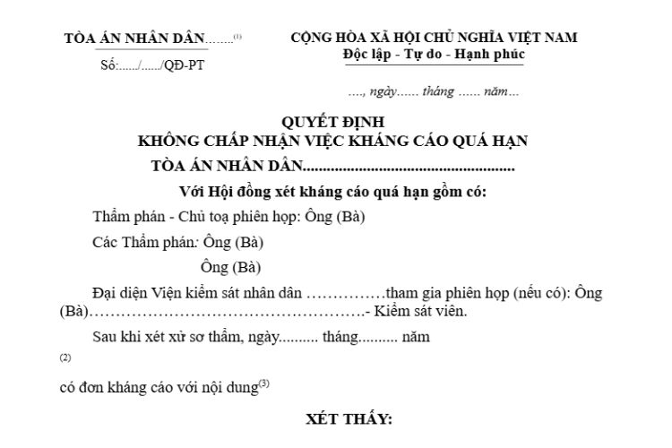 Mẫu Quyết định không chấp nhận việc kháng cáo quá hạn (Mẫu số 60-DS)