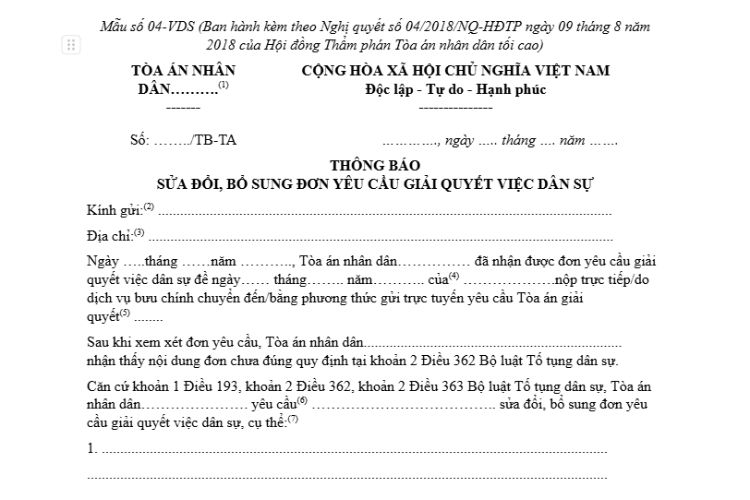 Mẫu Thông báo sửa đổi, bổ sung đơn yêu cầu giải quyết việc dân sự (Mẫu số 04-VDS) 2 Mẫu Thông báo sửa đổi, bổ sung đơn yêu cầu giải quyết việc dân sự (Mẫu số 04-VDS)