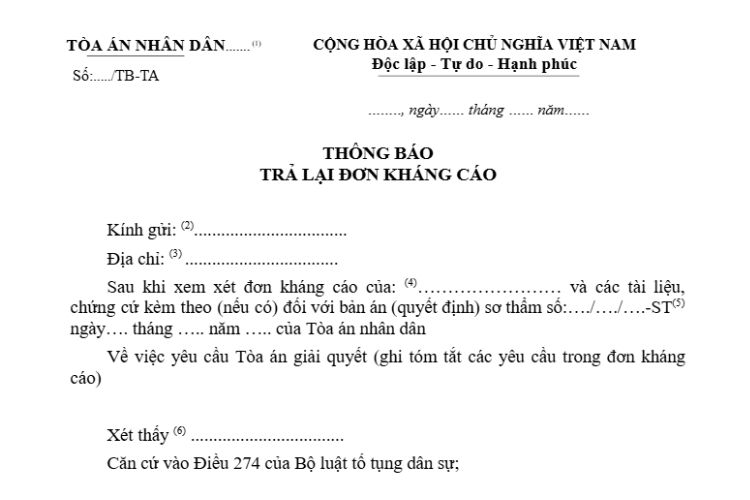 Mẫu Thông báo trả lại đơn kháng cáo (Mẫu số 58-DS)