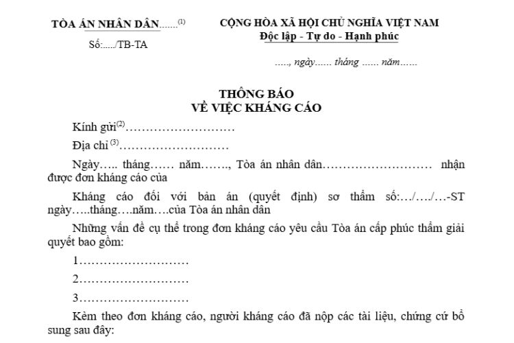 Mẫu Thông báo về việc kháng cáo (Mẫu số 62-DS) 2 Mẫu Thông báo về việc kháng cáo (Mẫu số 62-DS)