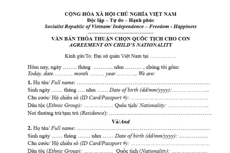 Mẫu Văn bản thỏa thuận chọn quốc tịch cho con