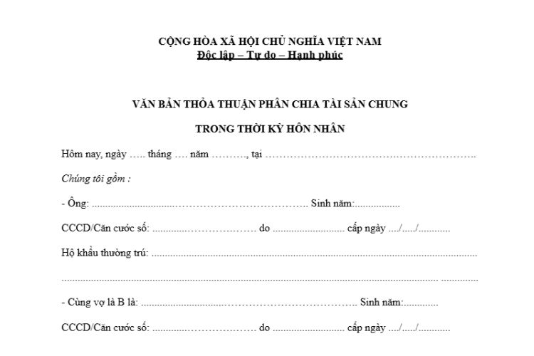 Mẫu Văn bản thỏa thuận phân chia tài sản chung của vợ chồng khi ly hôn 2 Mẫu Văn bản thỏa thuận phân chia tài sản chung của vợ chồng khi ly hôn