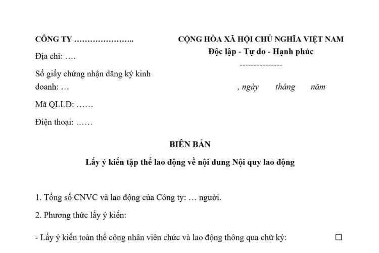 Mẫu Biên bản lấy ý kiến tập thể lao động về nội dung Nội quy lao động