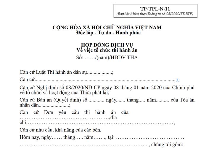 Mẫu Hợp đồng dịch vụ về việc tổ chức thi hành án 2 Mẫu Hợp đồng dịch vụ về việc tổ chức thi hành án
