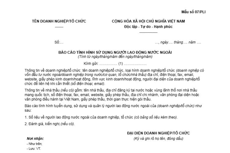Báo cáo tình hình sử dụng người lao động nước ngoài (Mẫu số 07/PLI)