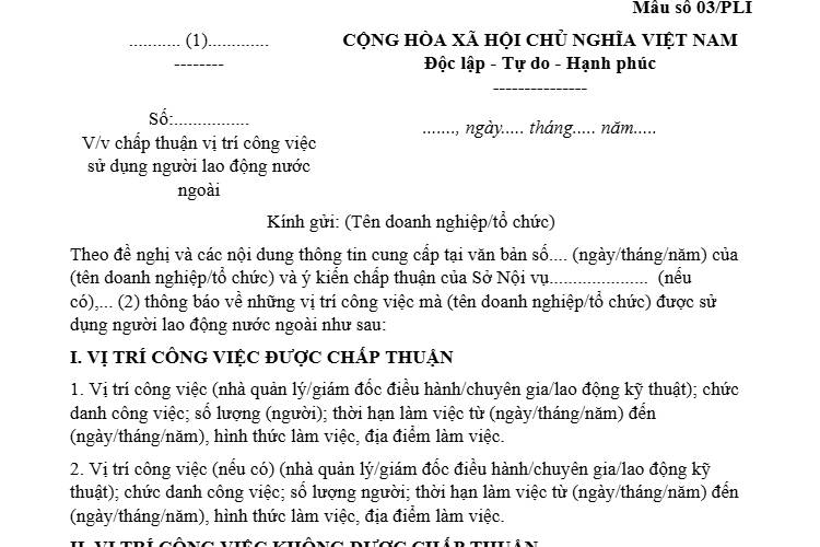 Công văn về việc chấp thuận vị trí công việc sử dụng người lao động nước ngoài