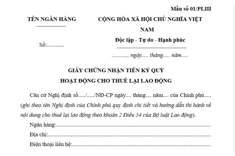 Giấy chứng nhận tiền ký quỹ hoạt động cho thuê lại lao động (Mẫu số 01/PLIII)
