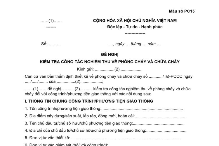 Mẫu Đề nghị kiểm tra công tác nghiệm thu về phòng cháy và chữa cháy