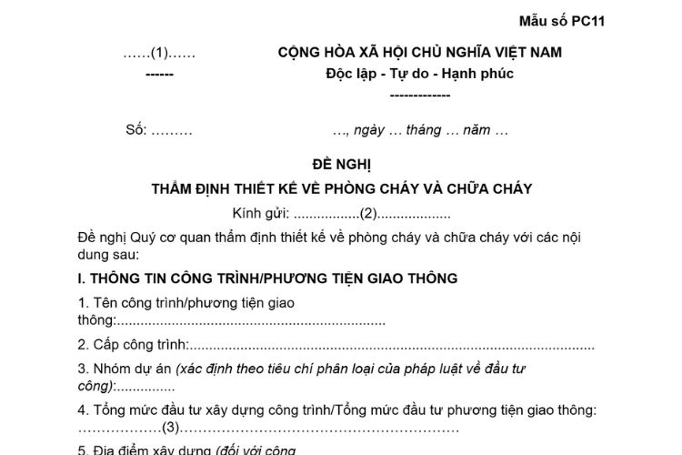Mẫu Đề nghị thẩm định thiết kế về phòng cháy và chữa cháy
