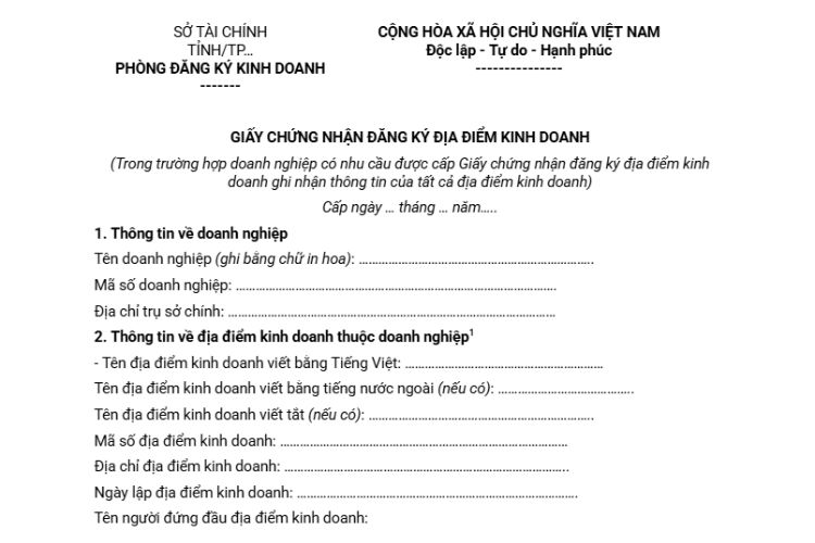 Mẫu Giấy chứng nhận đăng ký địa điểm kinh doanh 2 Mẫu Giấy chứng nhận đăng ký địa điểm kinh doanh