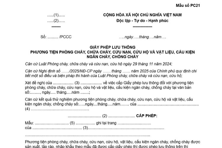 Mẫu Giấy phép lưu thông phương tiện phòng cháy, chữa cháy, cứu nạn, cứu hộ và vật liệu, cấu kiện ngăn cháy, chống cháy