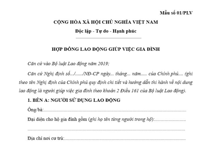 Mẫu Hợp đồng lao động giúp việc gia đình (Mẫu số 01/PLV) 2 Mẫu Hợp đồng lao động giúp việc gia đình (Mẫu số 01/PLV)