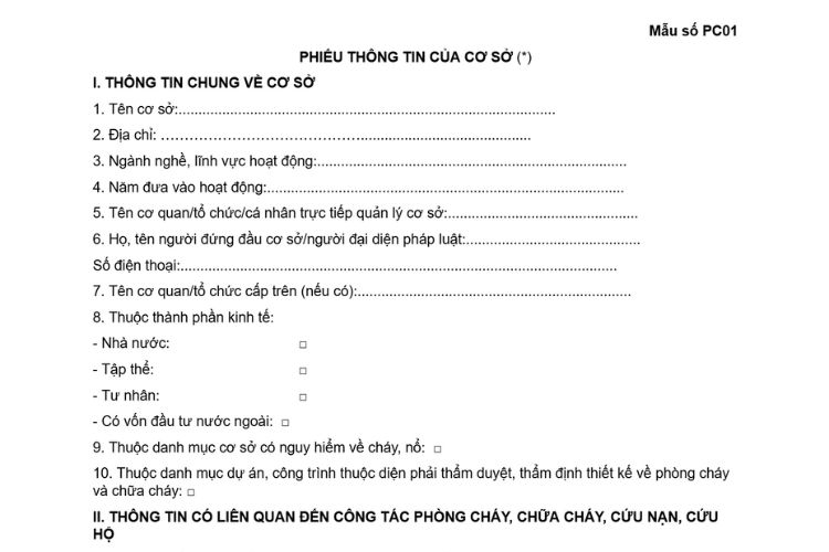 Mẫu Phiếu thông tin của cơ sở (Mẫu số PC01) 2 Mẫu Phiếu thông tin của cơ sở (Mẫu số PC01)