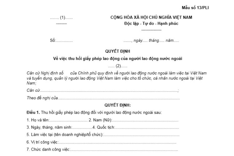 Mẫu Quyết định về việc thu hồi giấy phép lao động của người lao động nước ngoài