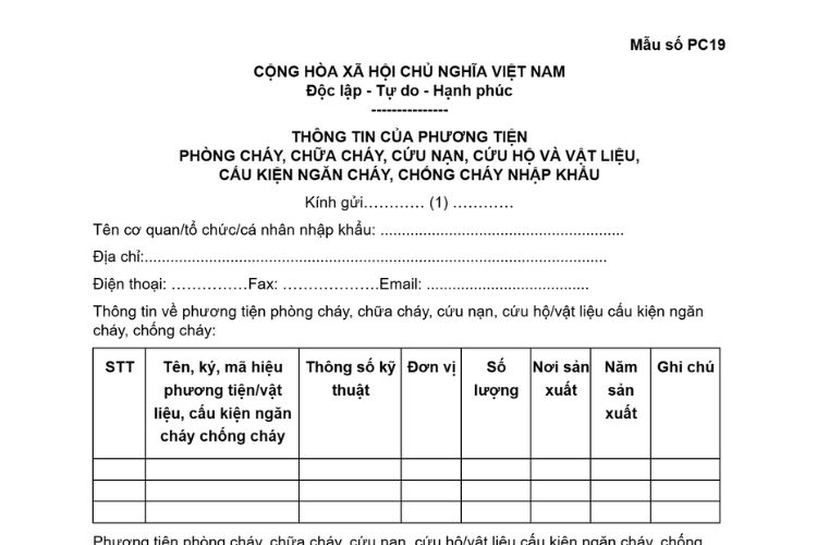 Mẫu Thông tin của phương tiện phòng cháy, chữa cháy, cứu nạn, cứu hộ và vật liệu, cấu kiện ngăn cháy, chống cháy nhập khẩu 2 Mẫu Thông tin của phương tiện phòng cháy, chữa cháy, cứu nạn, cứu hộ và vật liệu, cấu kiện ngăn cháy, chống cháy nhập khẩu