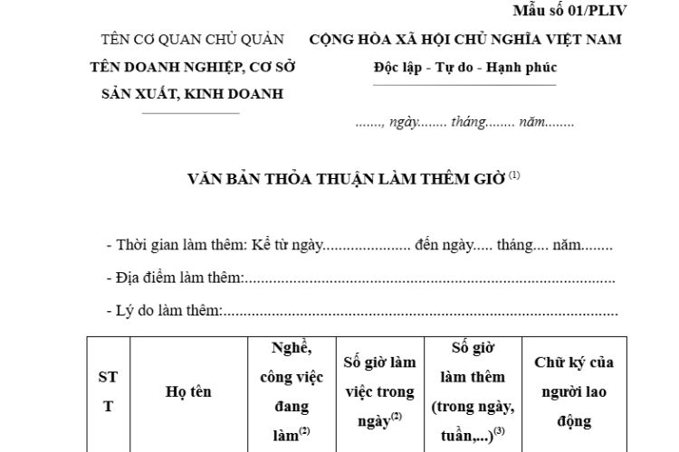 Mẫu Văn bản thỏa thuận làm thêm giờ (Mẫu số 01/PLIV)