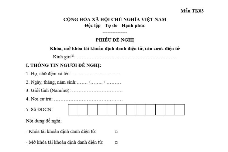 Phiếu đề nghị khóa, mở khóa tài khoản định danh điện tử, căn cước điện tử (Mẫu TK03)