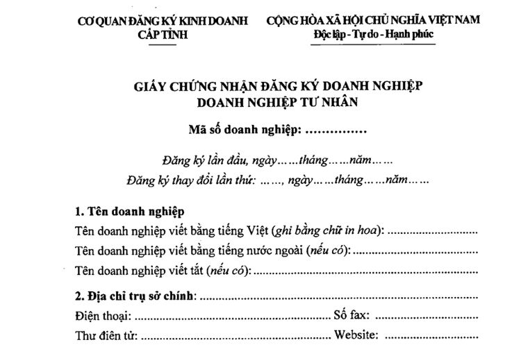 Mẫu Giấy chứng nhận đăng ký doanh nghiệp Doanh nghiệp tư nhân