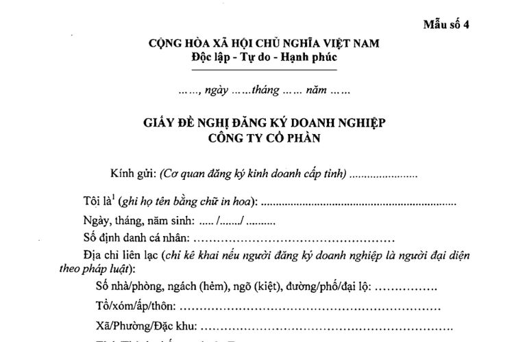 Giấy đề nghị đăng ký doanh nghiệp Công ty cổ phần (Mẫu số 4) 2 Giấy đề nghị đăng ký doanh nghiệp Công ty cổ phần