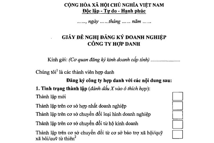 Giấy đề nghị đăng ký doanh nghiệp Công ty hợp danh