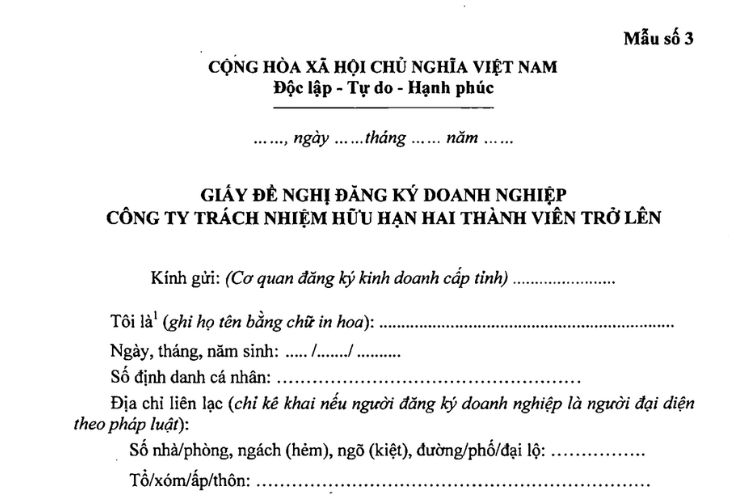 Giấy đề nghị đăng ký doanh nghiệp công ty TNHH hai thành viên trở lên (Mẫu số 3) 2 Giấy đề nghị đăng ký doanh nghiệp công ty TNHH hai thành viên trở lên